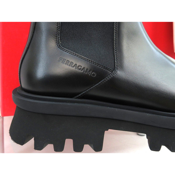 NIB FERRAGAMO FLASH BLACK LEATHER LOGO PLATFORM PULL CHELSEA ANKLE BOOTS 13 M - Picture 2 of 14